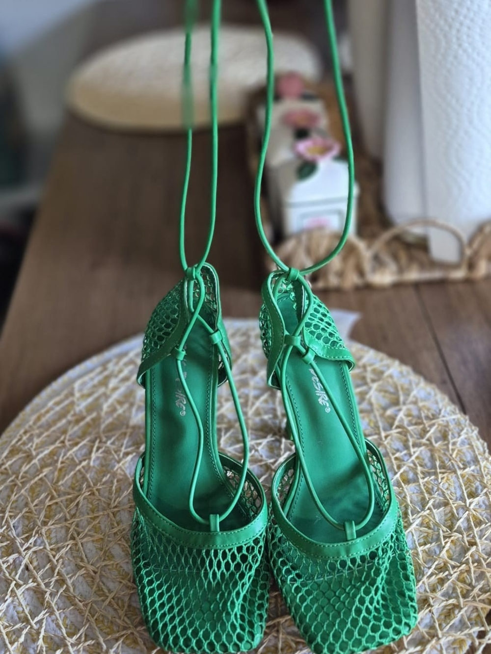 Green Mesh Lace-Up Square-Toe Heels